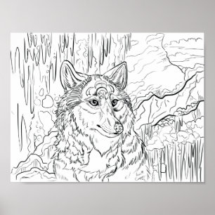 Kleur uw eigen Wolf Cavern Line Art Poster