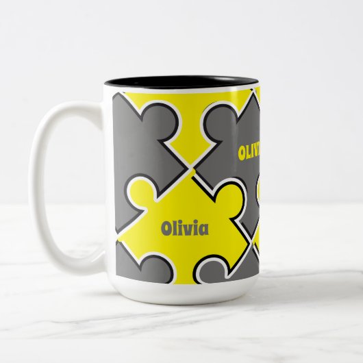 Kleur van puzzelstukjes van het jaar 2021 dat lich tweekleurige koffiemok (Links)