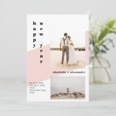 Kleur vet script roze gelukkig nieuwjaar 2 foto feestdagenkaart (Staand voorkant)