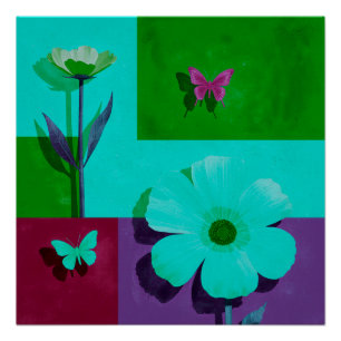 Kleurblok Bloemrijke Glanzende Poster met Vlinders