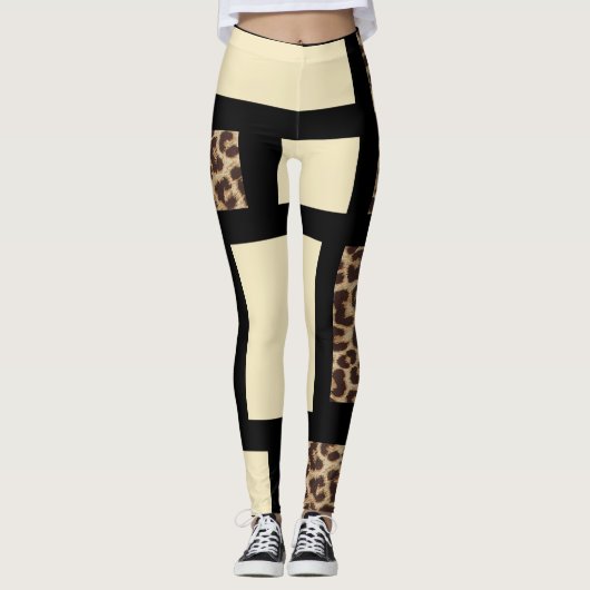 Kleurblok Cream Ivory Black & Leopard Cheetah Leggings (Voorkant)