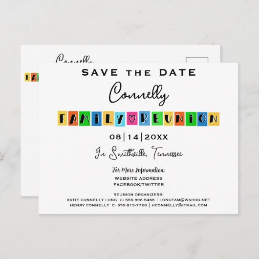 Kleurblok Fun Family Reunion Save-the-Date Briefkaart (Voorkant / Achterkant)
