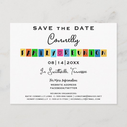 Kleurblok Fun Family Reunion Save-the-Date Briefkaart (Voorkant)