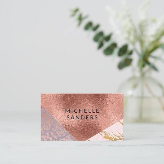 Kleurblok goud marmer damast roze goud folie visitekaartje (Staand voorkant)