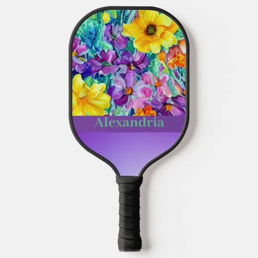 Kleurblok horizontaal elegant bloemmotief met naam pickleball paddle (Voorkant)