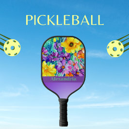 Kleurblok horizontaal elegant bloemmotief met naam pickleball paddle