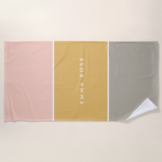 Kleurblok Roze Goud Grijze Stripe Monogram Strandlaken (Voorkant)