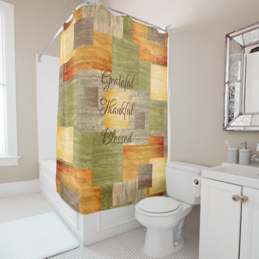 Kleurblokken herfst douchegordijn (In situ)
