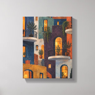 Kleurblokken in stadswindows tijdens de Blauwe Uur Canvas Afdruk