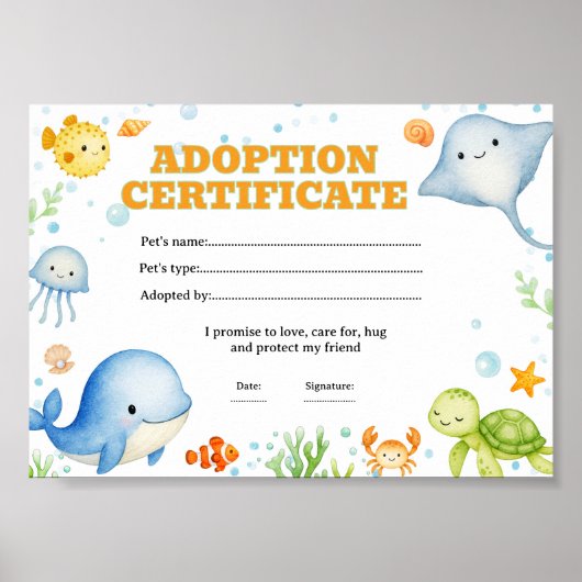 Kleurcertificaat voor het adopteren van zeehuisdie poster (Voorkant)