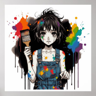 Kleuren Bloedend Huilende Artiesten Meisje Manga A Poster