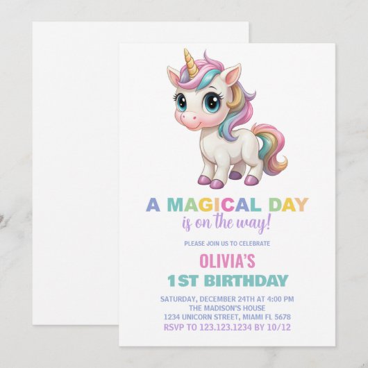 Kleuren Eenhoorn Verjaardag Uitnodigingen (Voorkant / Achterkant)