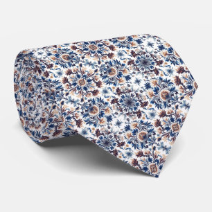Kleuren van blauw, bruin, goudgeel... Floral Stropdas
