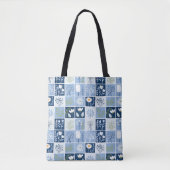 Kleuren van Blauw, Wit, Geel Faux Patchwork Tote Bag (Voorkant)