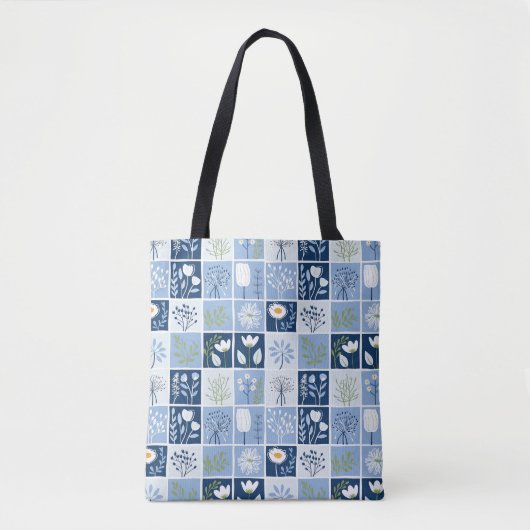 Kleuren van Blauw, Wit, Geel Faux Patchwork Tote Bag (Voorkant)