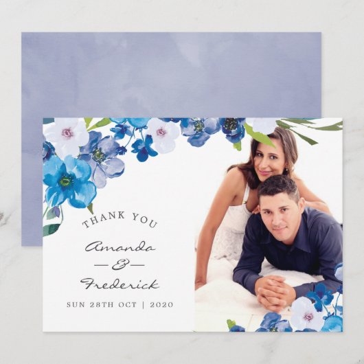 Kleuren van Blauwe Bloemenbruiloft Dank u foto Bedankkaart (Voorkant / Achterkant)