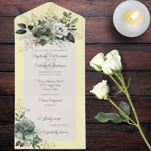 Kleuren van groene bloemen op geel all in one uitnodiging