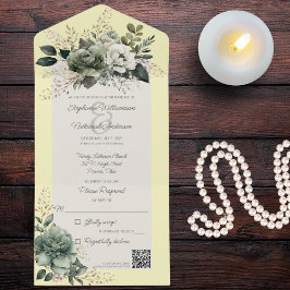 Kleuren van groene bloemen op gele QR-code All In One Uitnodiging