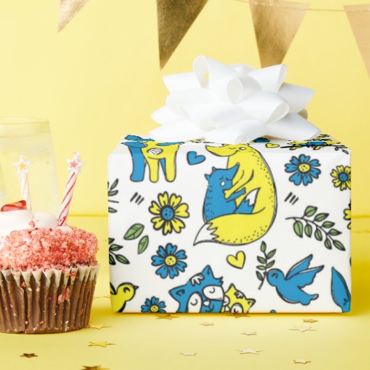 Kleuren van Oekraine Kinder Blauw Geel Dier Moeder Cadeaupapier (Verjaardagsfeest)