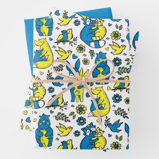 Kleuren van Oekraine Kinder Blauw Geel Dier Moeder Inpakpapier Vel (In situ)