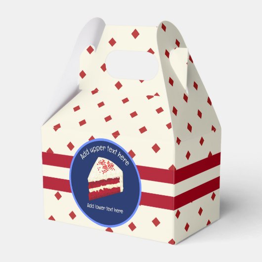 Kleuren van rode fluwelen cake met afbeelding van bedankdoosjes (Voorkant Zijde)