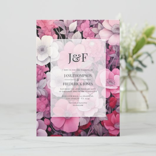 Kleuren van roze en grijze bloemen bruiloft monogr kaart (Staand voorkant)