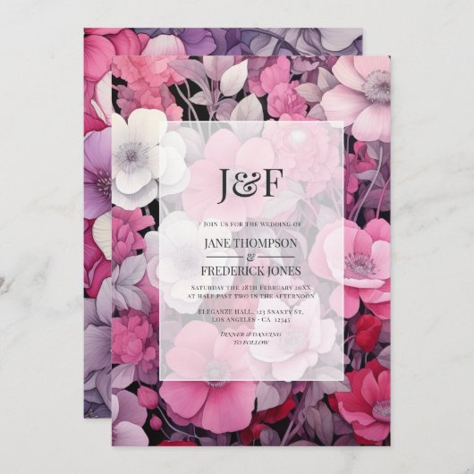 Kleuren van roze en grijze bloemen bruiloft monogr kaart (Voorkant / Achterkant)