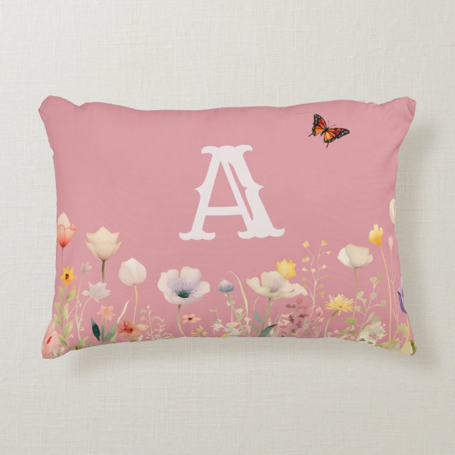  kleuren Waterverf Wildflowers en Monogram Accent Kussen (Voorkant)