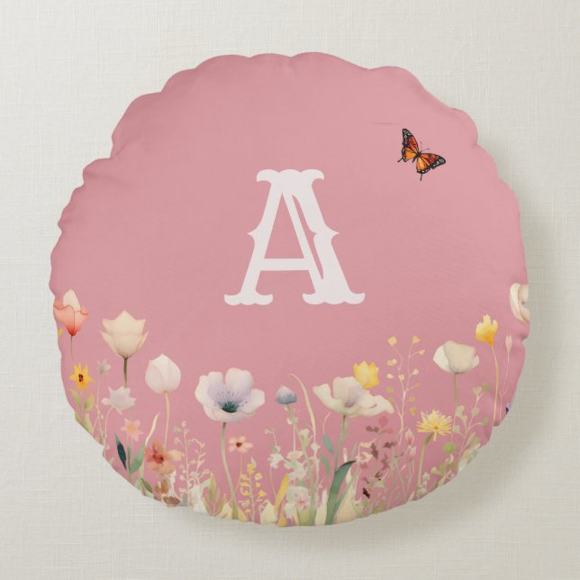  kleuren Waterverf Wildflowers en Monogram Rond Kussen (Voorkant)