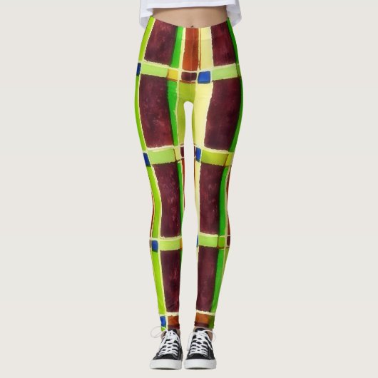 Kleurenblok Abstracte Art Groen Bruin Leggings (Voorkant)