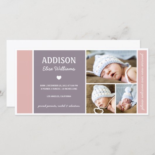 KLEURENBLOK | GEBOORTEAANKONDIGING BABY MEISJE AANKONDIGING (Voorkant / Achterkant)