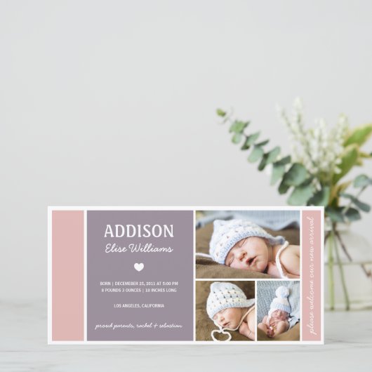 KLEURENBLOK | GEBOORTEAANKONDIGING BABY MEISJE AANKONDIGING (Staand voorkant)