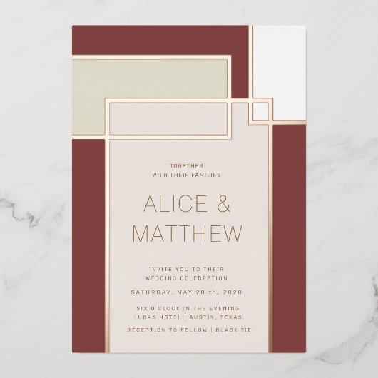 kleurenblok midden eeuw moderne bruiloft folie uitnodiging (Voorkant)