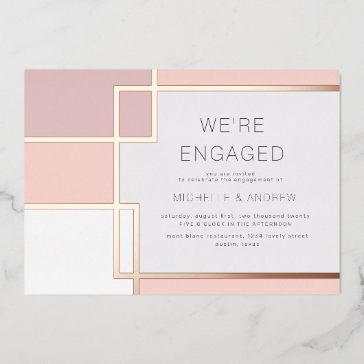 Kleurenblok Midden-eeuws modern Verloving Folie Uitnodiging (Voorkant)