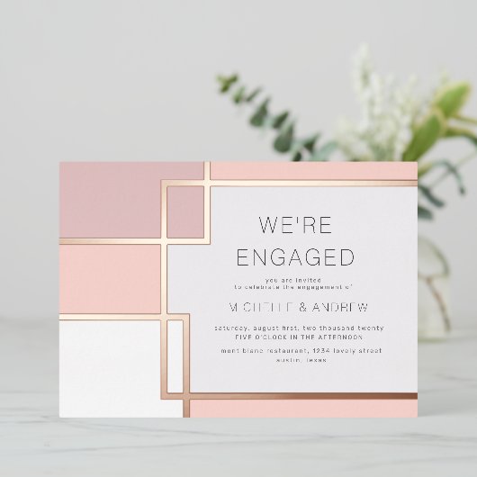 Kleurenblok Midden-eeuws modern Verloving Folie Uitnodiging (Staand Voorkant)