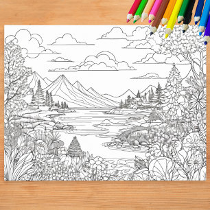 Kleurend Landschap Meer Bergen Landschap Inkleuren Poster
