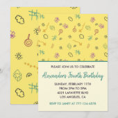 Kleurenfeestuitnodigingen 4e jongen geel blauw kin kaart (Voorkant / Achterkant)