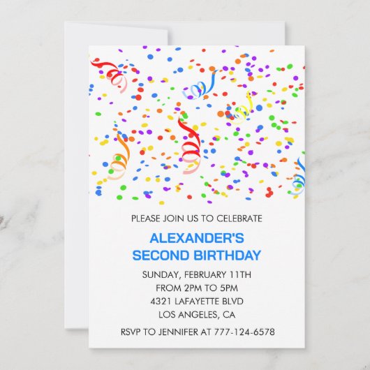 Kleurenfeestuitnodigingen blauwe jongen confetti r kaart (Voorkant)