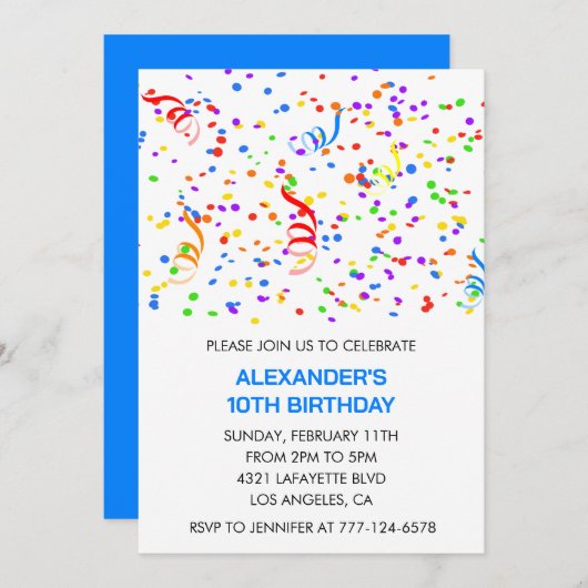 Kleurenfeestuitnodigingen blauwe jongen confetti r kaart (Voorkant / Achterkant)