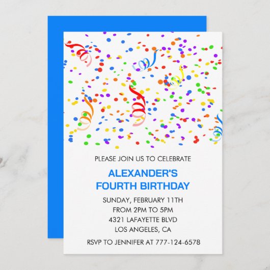 Kleurenfeestuitnodigingen blauwe jongen confetti r kaart (Voorkant / Achterkant)