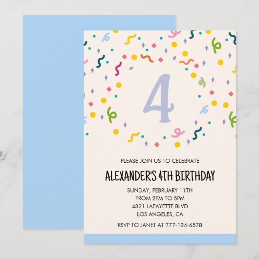 Kleurenfeestuitnodigingen confetti kinder voorverk kaart (Voorkant / Achterkant)