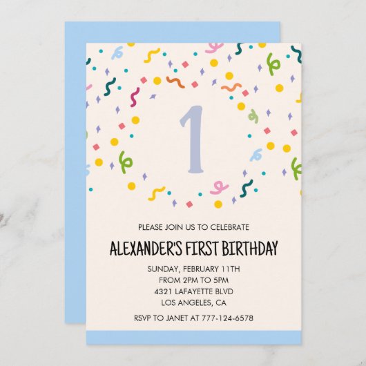 Kleurenfeestuitnodigingen confetti kinder voorverk kaart (Voorkant / Achterkant)