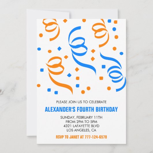 Kleurenfeestuitnodigingen Confetti sinaasappel bla Kaart (Voorkant)