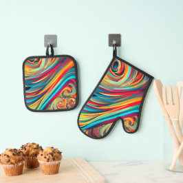 Kleurengolf-fusie – Moderne abstracte wervelende k Ovenwant & Pannenlap Set