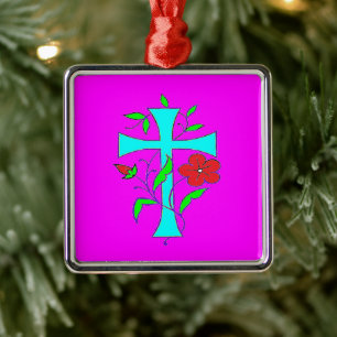 Kleurenkniproze met rode bloemen blauw kruis metalen ornament
