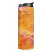 kleurenkunst naadloos gele achtergrond, oranje thermosbeker (Gedraaid links)