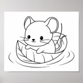 Kleurenpagina met een Cute Little Mouse Leaf Boat Poster (Voorkant)