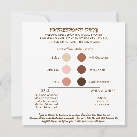 Kleurenpalet Bridesmaid-voorstel. (Achterkant)