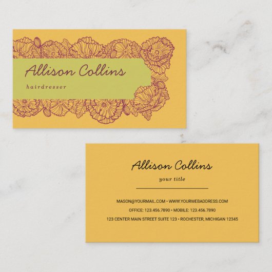 Kleurgele handgetekende bloemen visitekaartje (Voorkant / Achterkant)