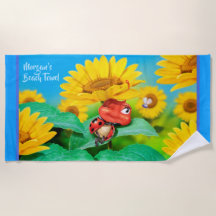 Kleurhanddoek slaperig Ladybug zonnebloemen. Blauw